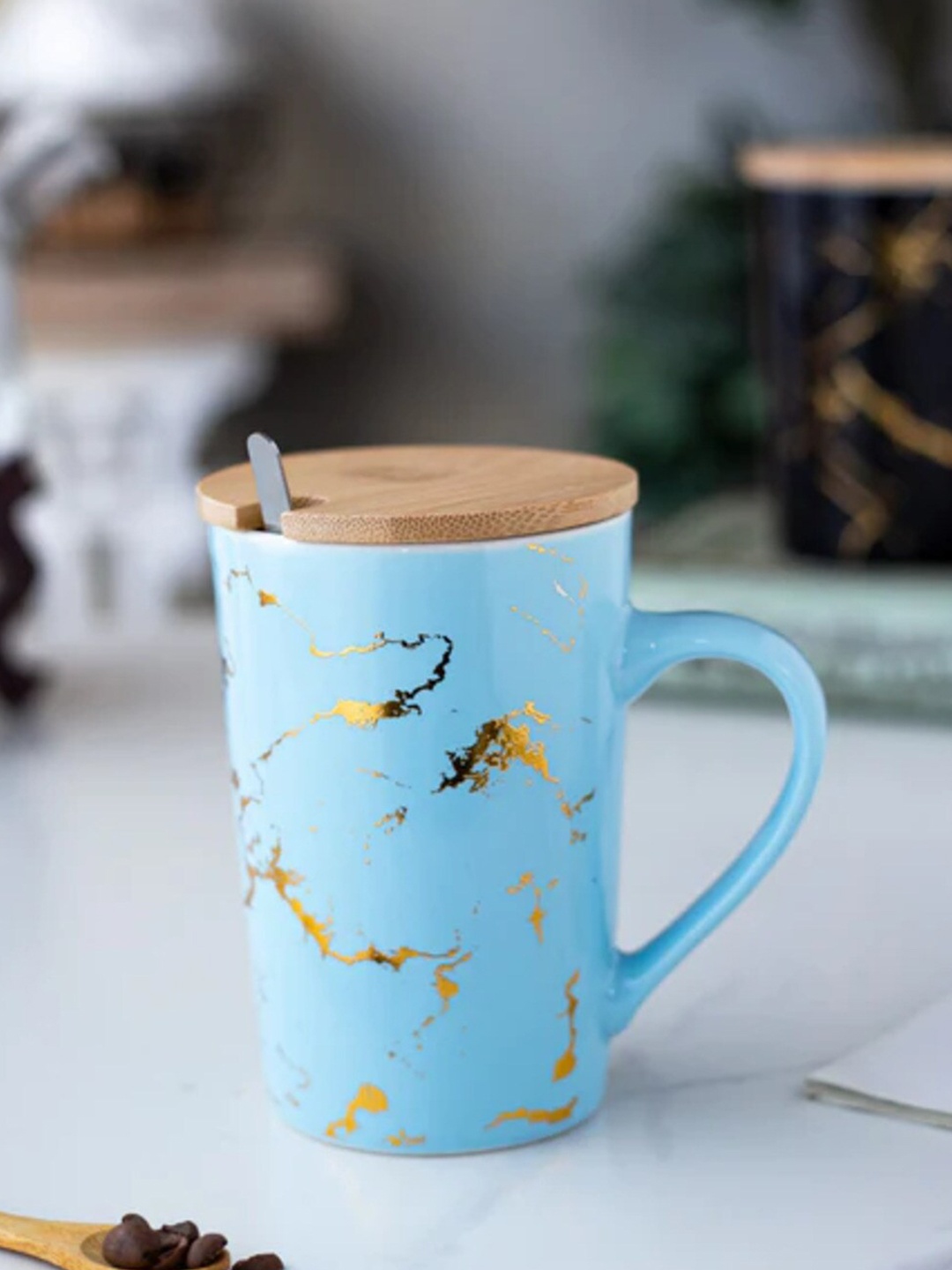 

THEDECORKART Blue & Gold Toned Printed Ceramic Glossy Mug 300 ml