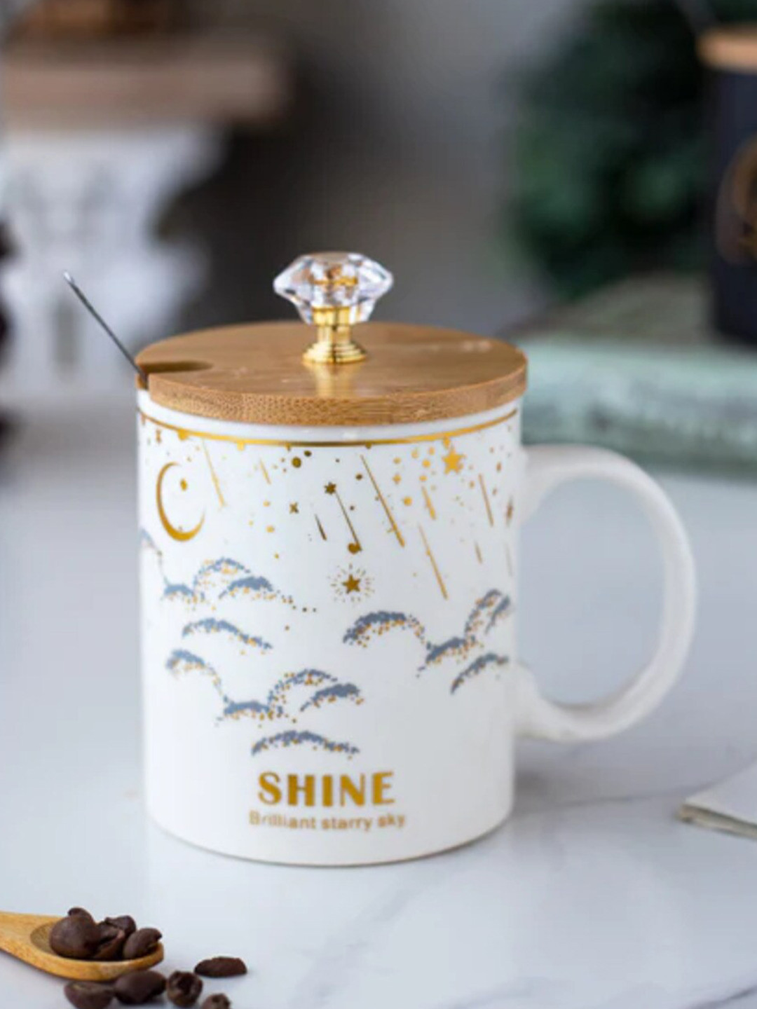 

THEDECORKART White & Gold Printed Ceramic Glossy Mug 300 ml