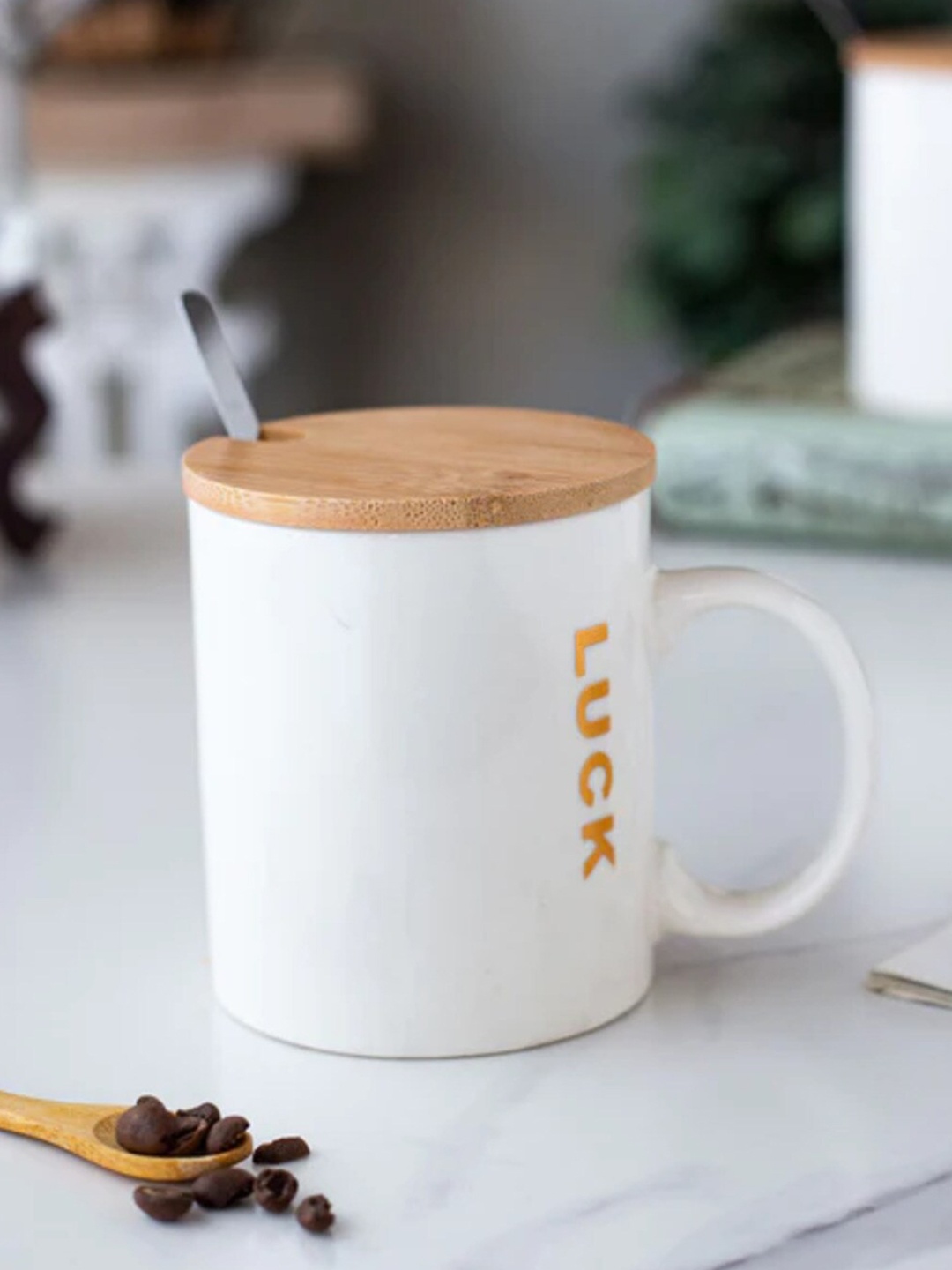 

THEDECORKART White 3 Pieces Printed Ceramic Mug with Lid & Spoon - 300 ml