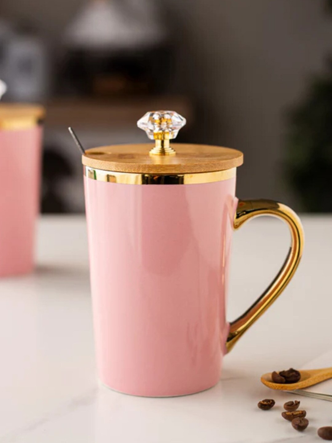 

THEDECORKART Pink & Golden 3 Pieces Solid Ceramic Mug with Lid & Spoon - 300 ml