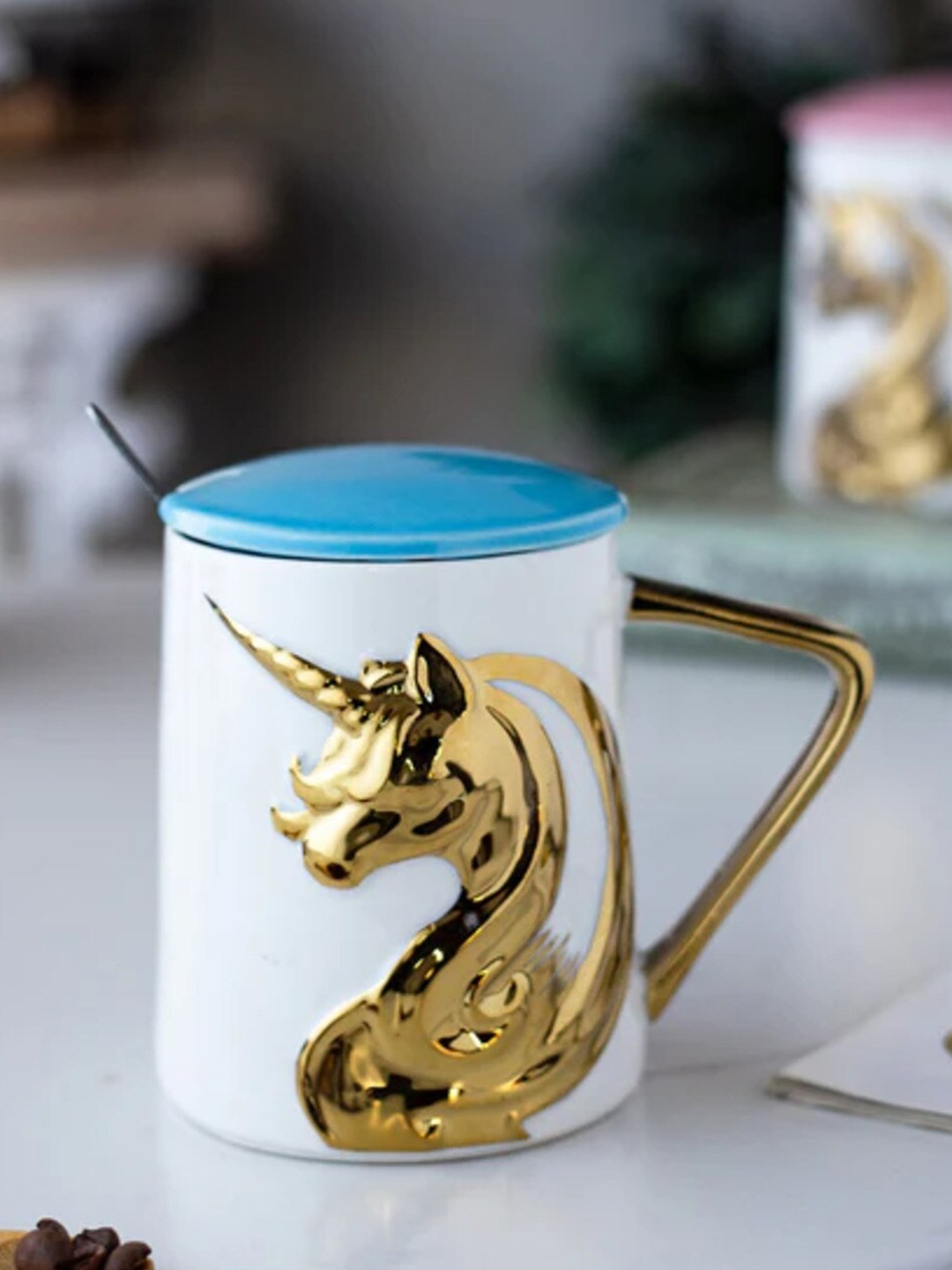 

THEDECORKART White & Blue Horse Design Ceramic Glossy Mug 300 ML
