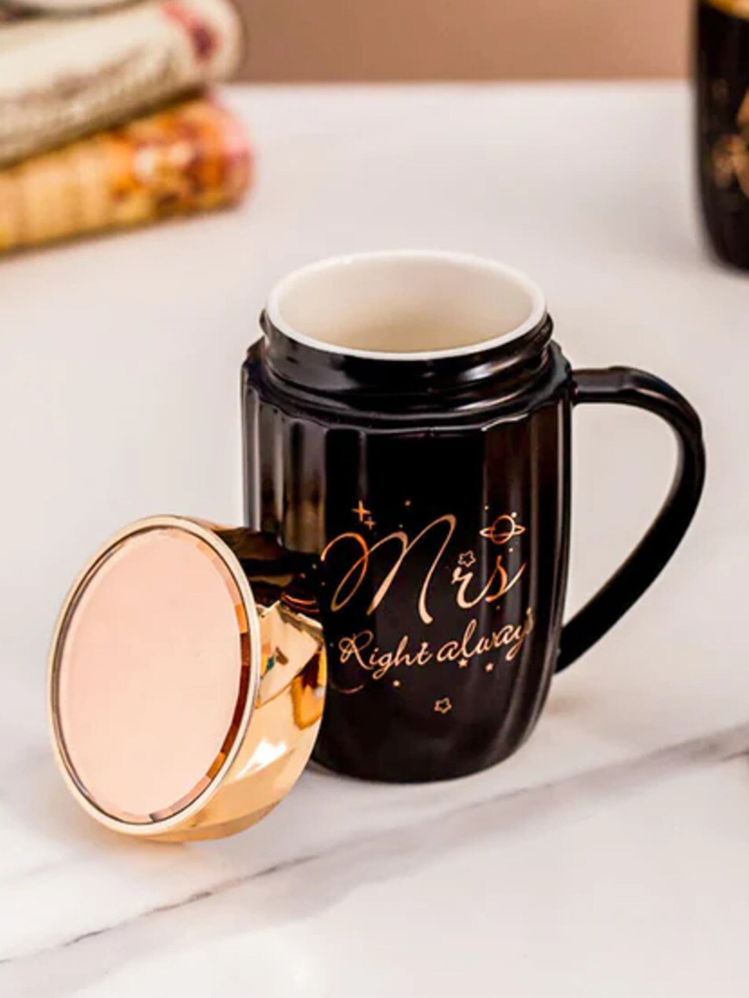 

THEDECORKART Black & Gold Toned Printed Ceramic Glossy Mug 300 ml