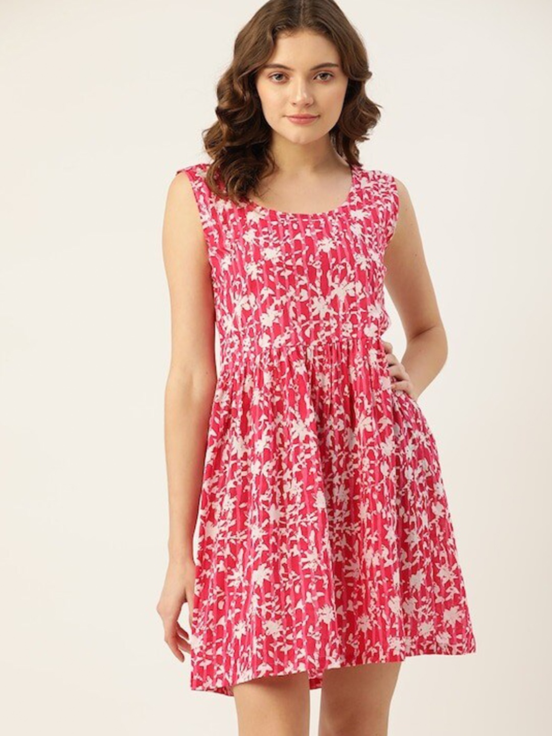 

DressBerry Pink Floral Printed Sleeveless Cotton A-Line Above Knee Dress