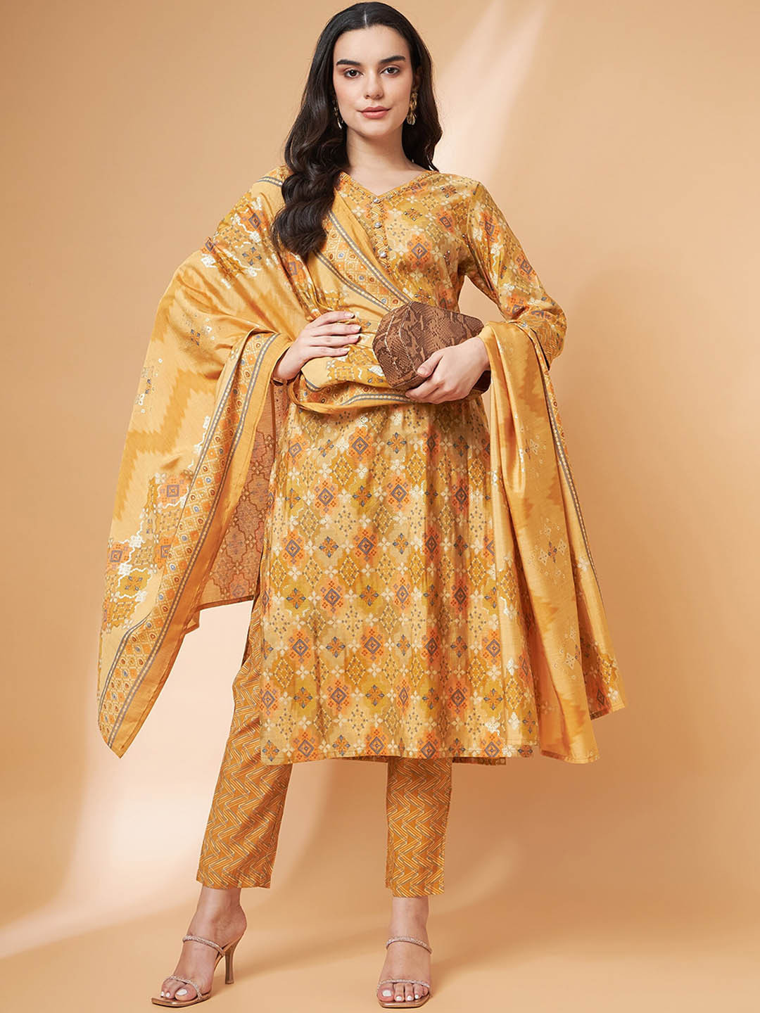 

all about you Mustard Ethnic Printed Regular Sequinned Kurta With Trousers & Dupatta