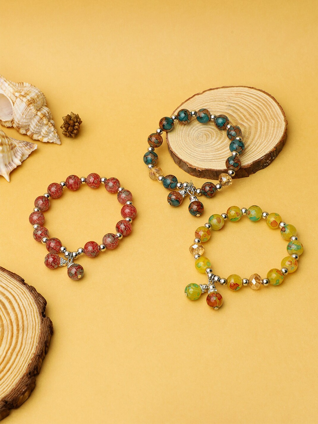 

EL REGALO Girls Set of 3 Beaded Elasticated Bracelets, Green