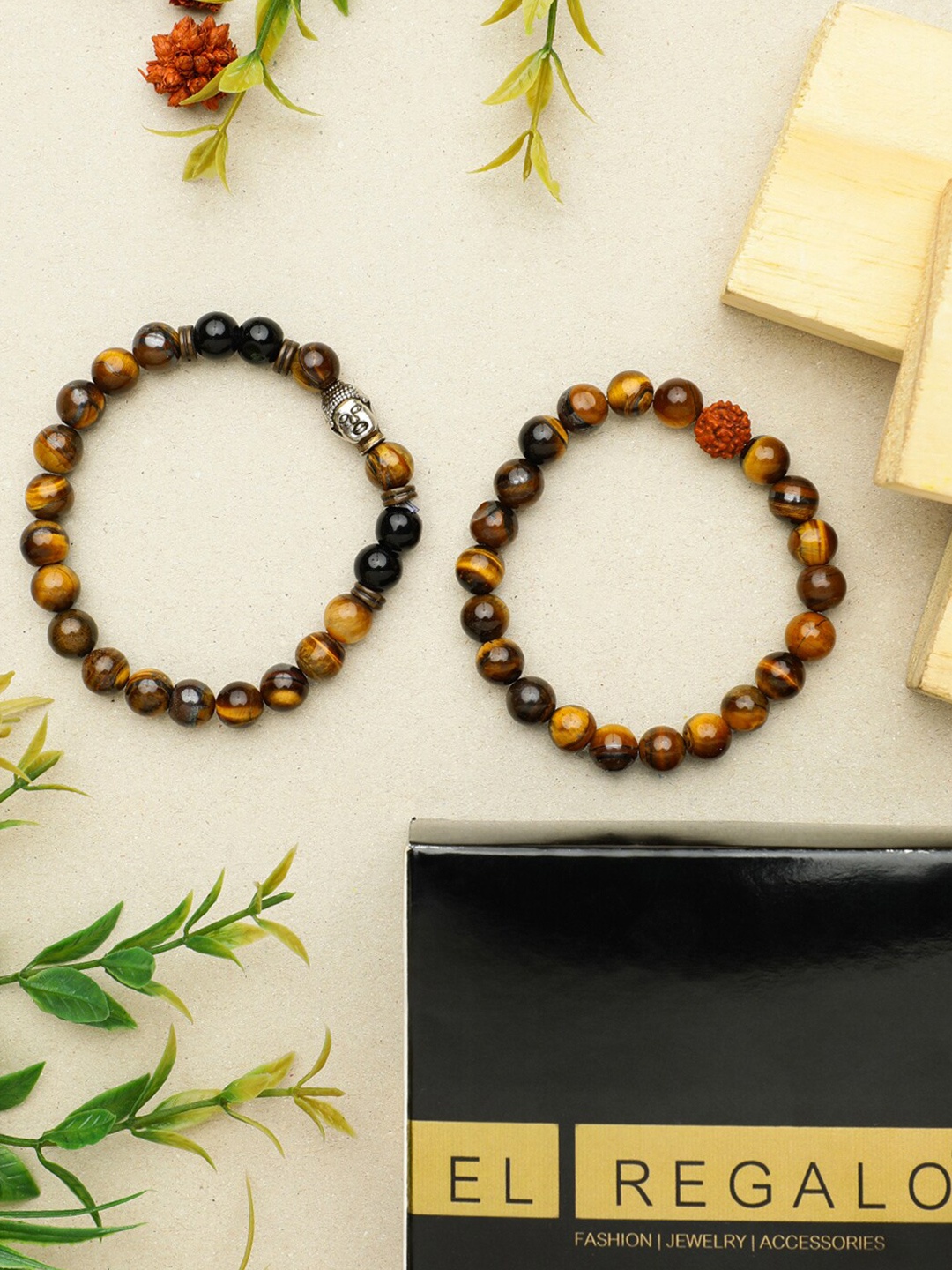 

EL REGALO Men Set Of 2 Beaded Elasticated Bracelets, Brown