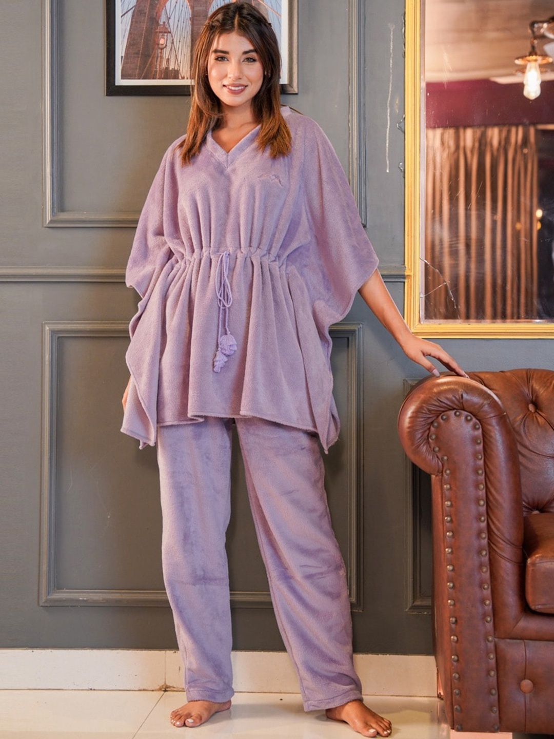 

FEATHERS CLOSET V-Neck Pure Wool Kaftan Top With Pyjamas, Lavender