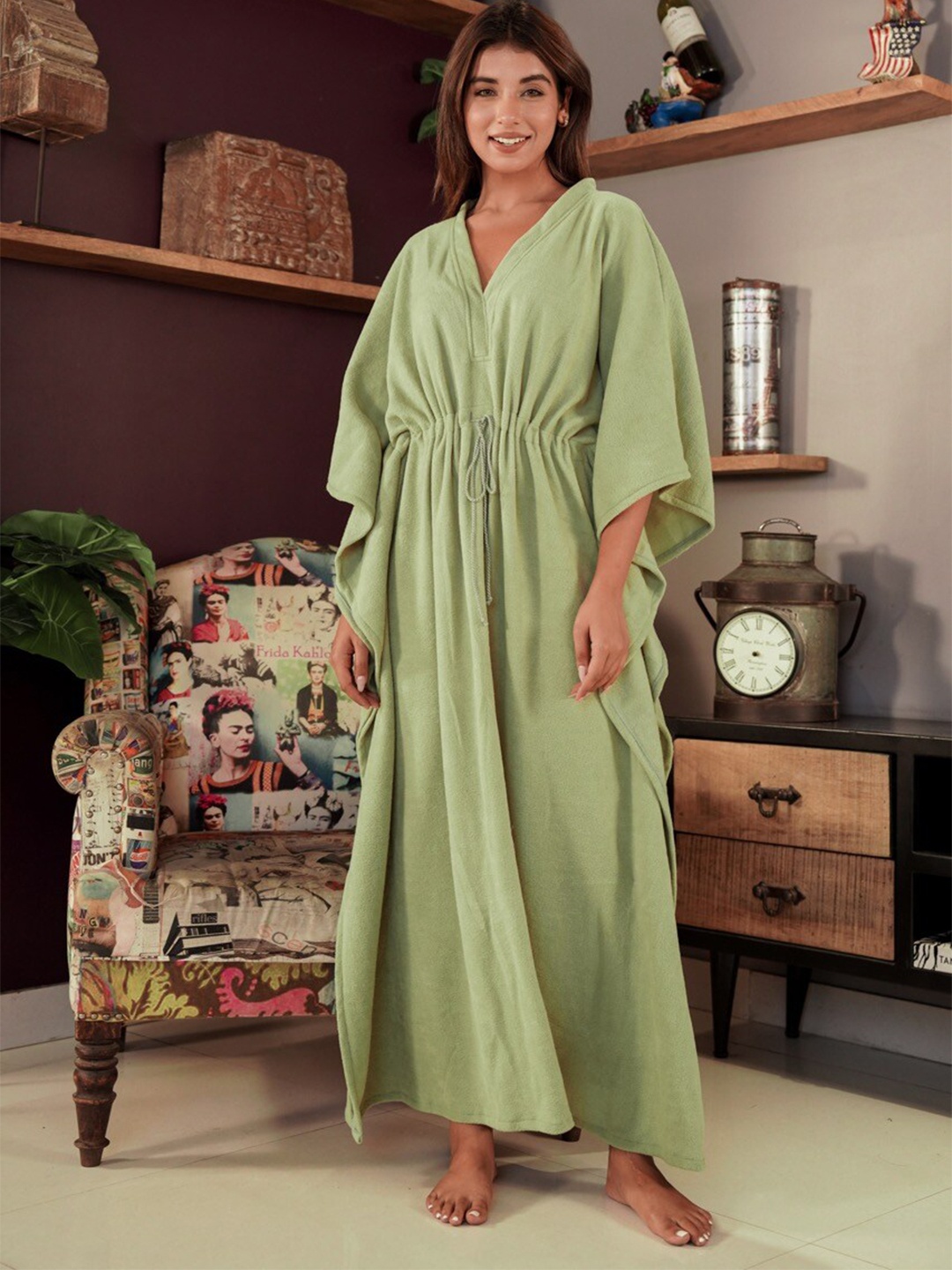 

FEATHERS CLOSET Woollen Kaftan Maxi Night Dress, Green
