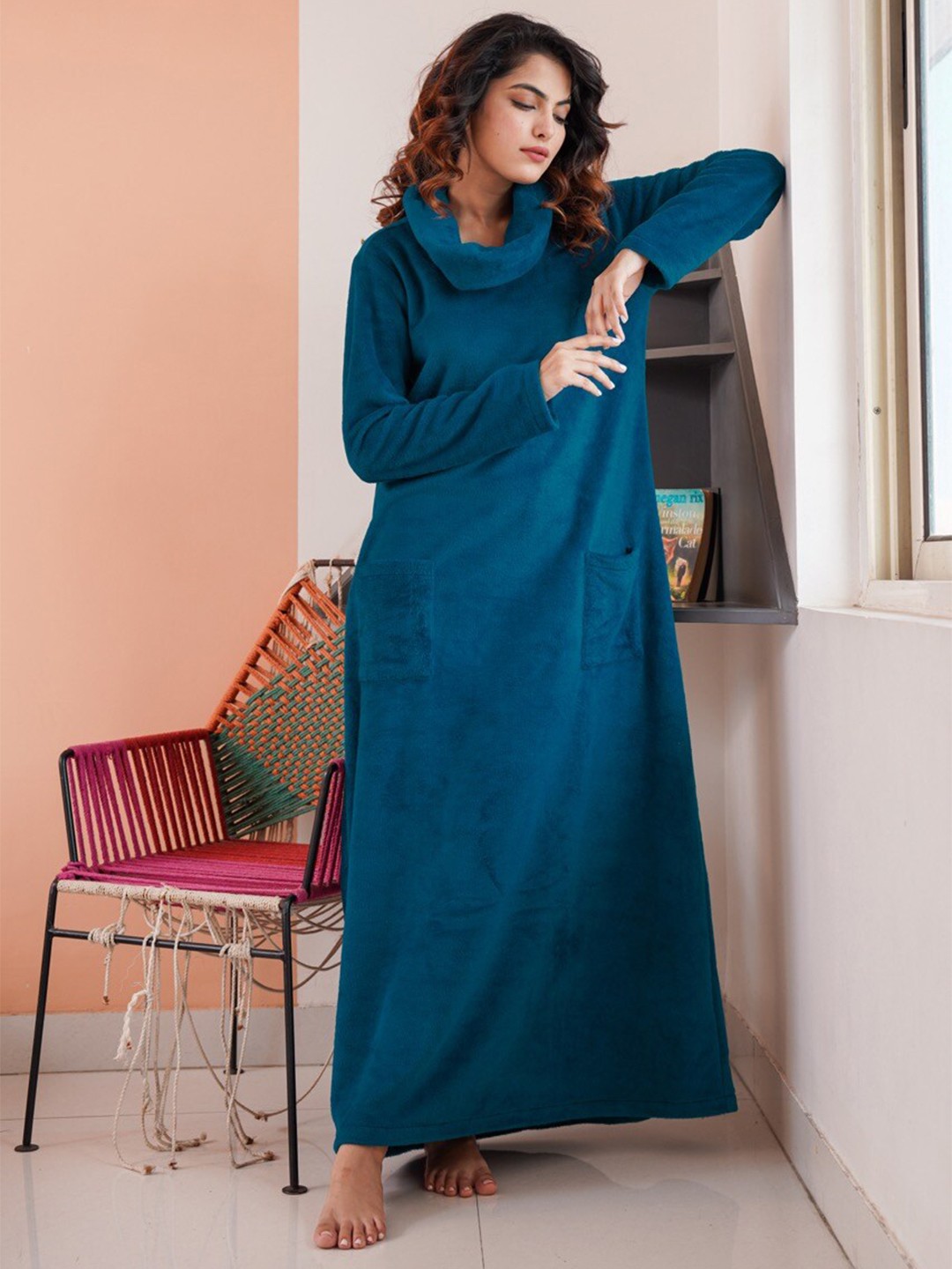 

FEATHERS CLOSET Mock Neck Woollen Maxi Lounge Dress, Teal
