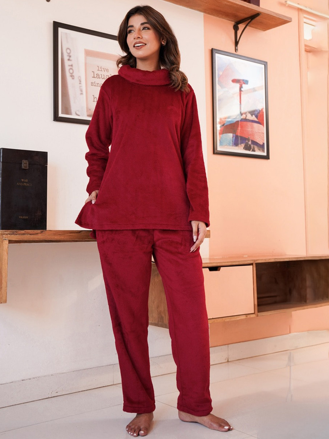 

FEATHERS CLOSET High Neck Top & Lounge Pant, Maroon