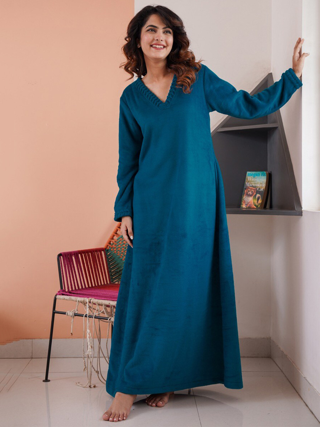 

FEATHERS CLOSET V-Neck Woollen Maxi Dress, Navy blue