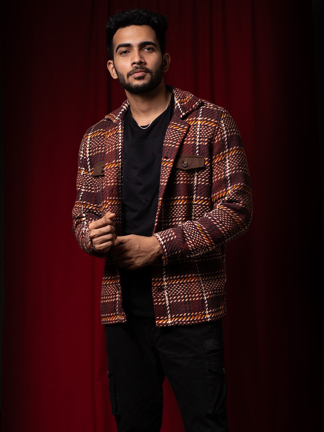 

URBARO Checked Organic Cotton Tailored Jacket, Brown