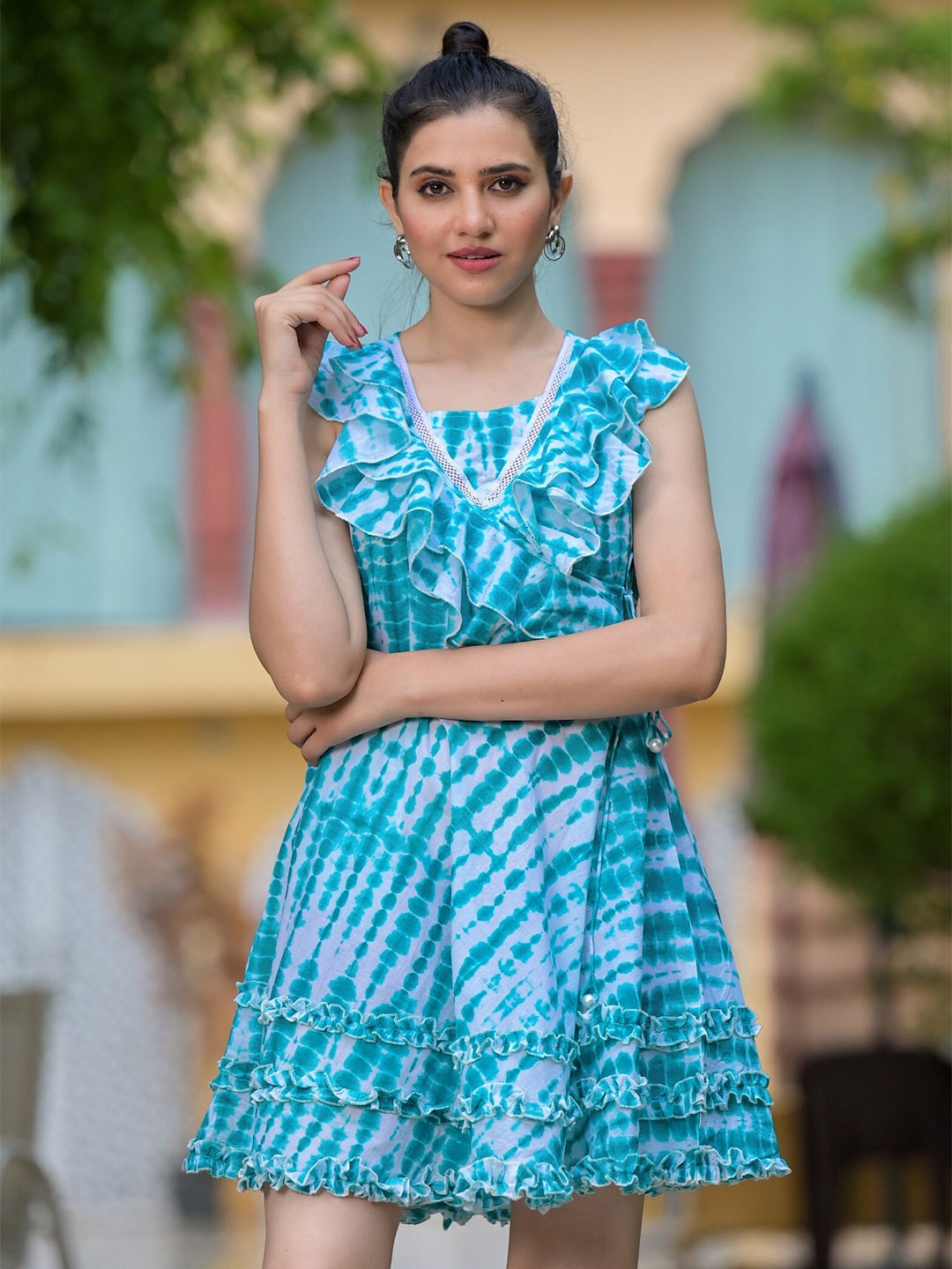 

The Kapas Tie and Dye Dyed Ruffled Cotton Fit & Flare Dress, Blue