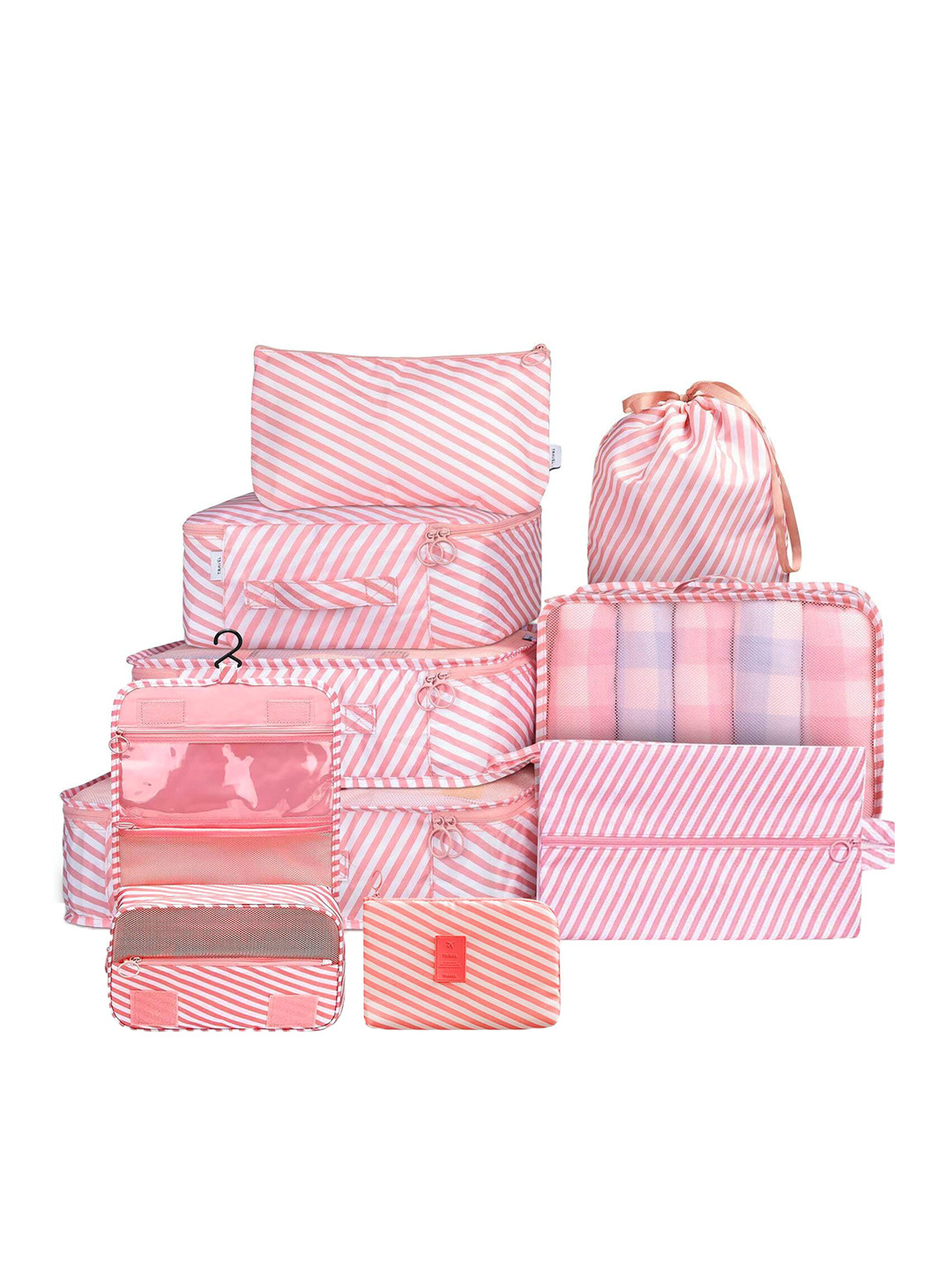 

HOUSE OF QUIRK Set Of 9 Striped Travel Luggage Organisers, Pink