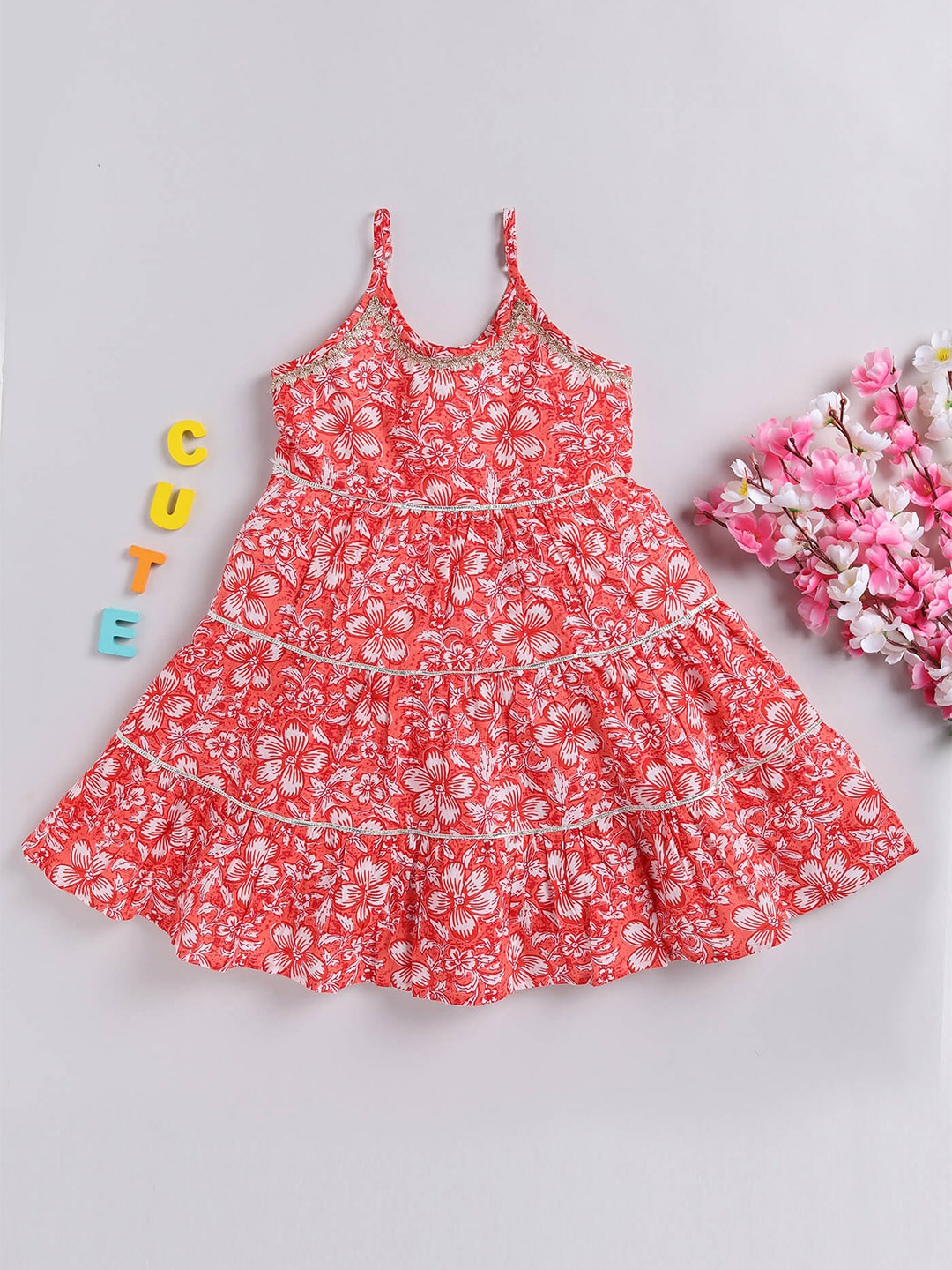 Toonyport Girls Floral Printed Cotton Fit & Flare Dress, Red