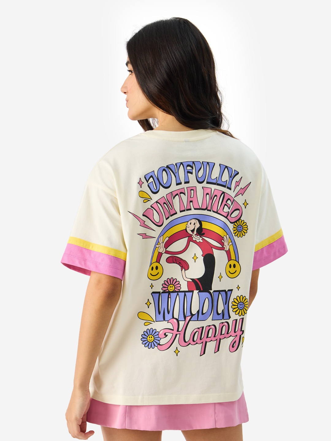 

The Souled Store Women Typography Printed Drop-Shoulder Sleeves Oversized Cotton T-shirt, Off white