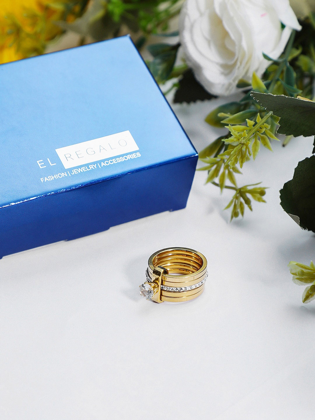

EL REGALO Gold Plated Stainless Steel Stone Studded Finger Ring