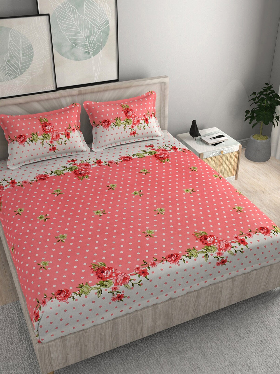 

FINE TEX WORLD White & Pink 210 TC 160GSM Queen Bedsheet with 2 Pillow Covers