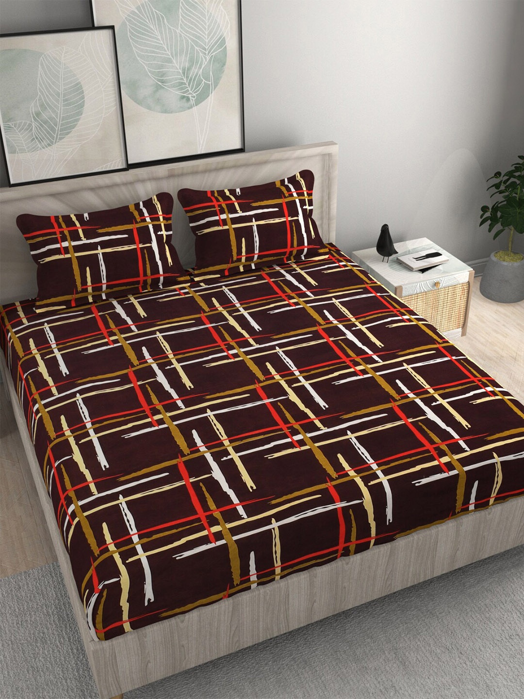 

FINE TEX WORLD Brown & White 210 TC 160GSM Queen Bedsheet with 2 Pillow Covers