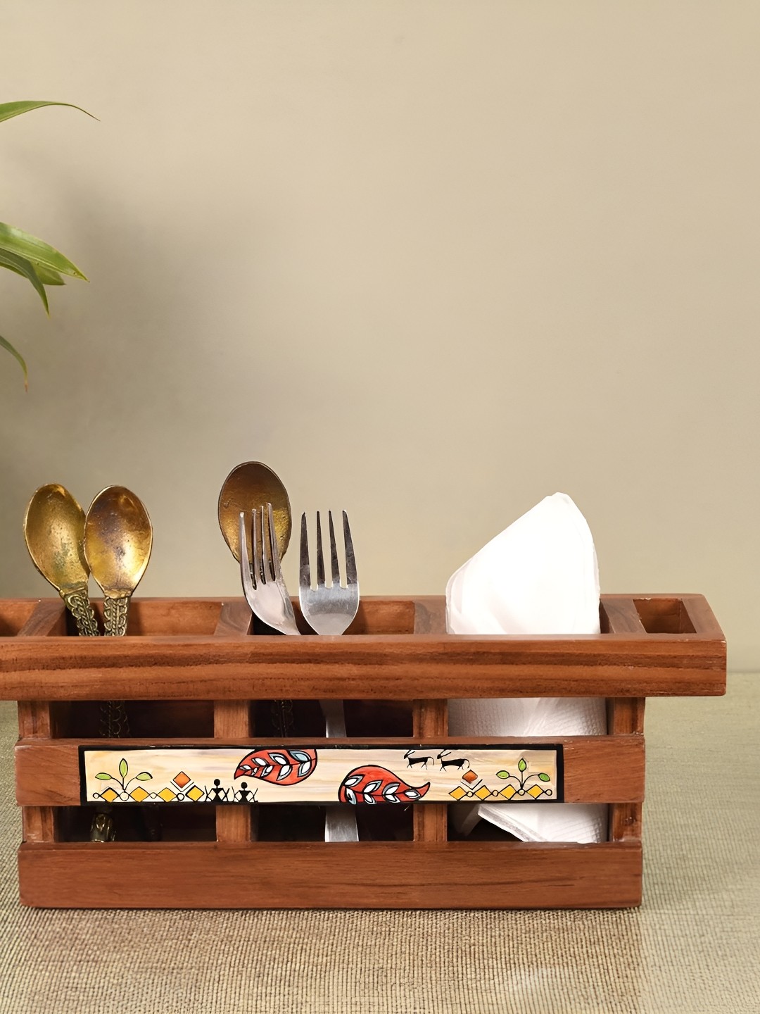 

dudki Brown & Beige Printed Three Compartment Wooden Cutlery Holder