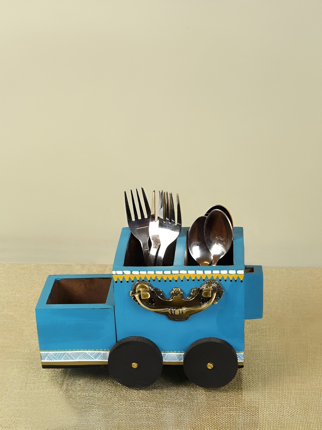 

dudki The Blue Rider White & Yellow Wooden Cutlery Holder for Dining Table