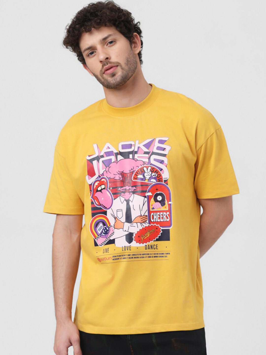 

Jack & Jones x Sunburn Graphic Printed Drop-Shoulder Sleeves Pure Cotton Slim Fit T-shirt, Yellow