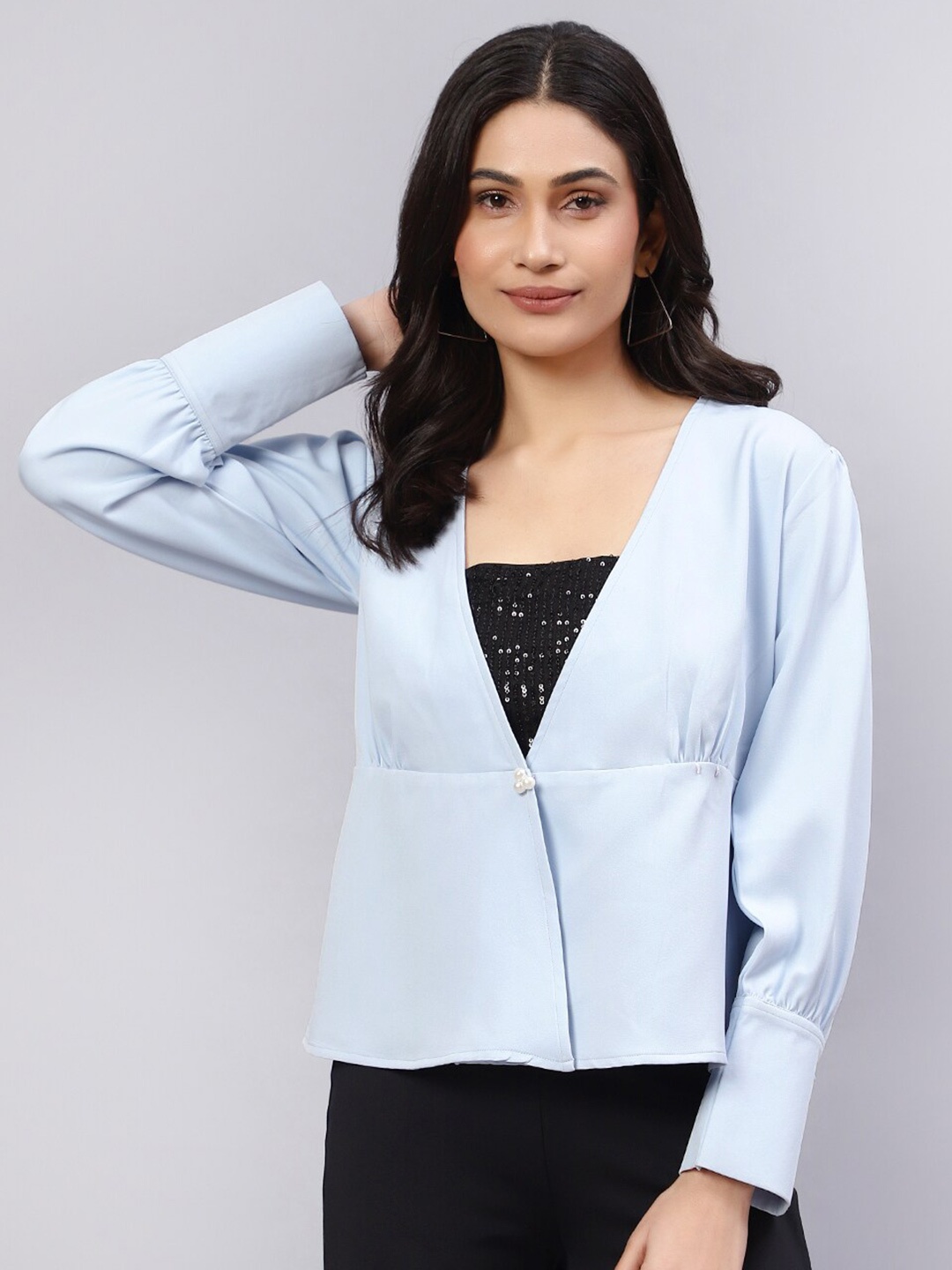 

DIAZ Cuffed Sleeves Sequined Peplum Top, Blue