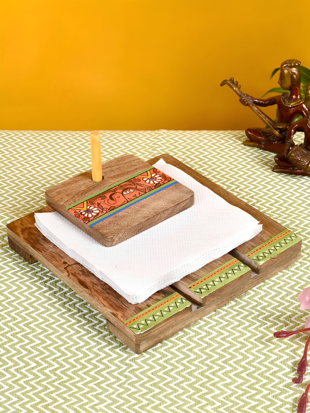 

dudki Brown & Green Printed Wooden Tissue Paper Holder
