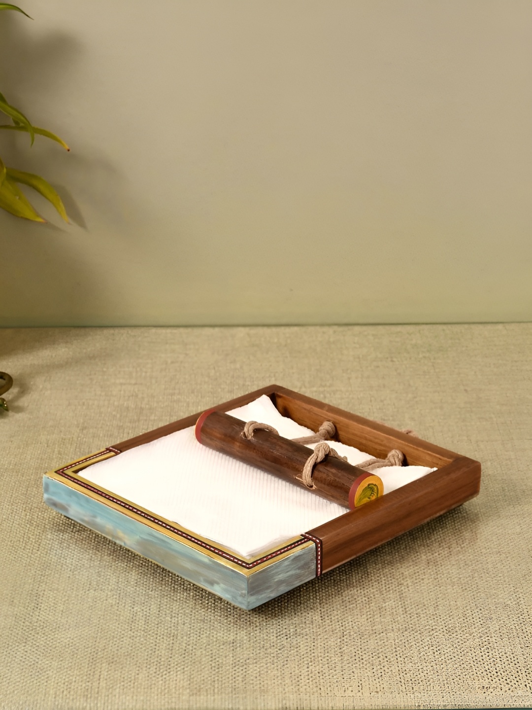 

dudki Brown & Blue Textured Wooden Tissue Paper Holder