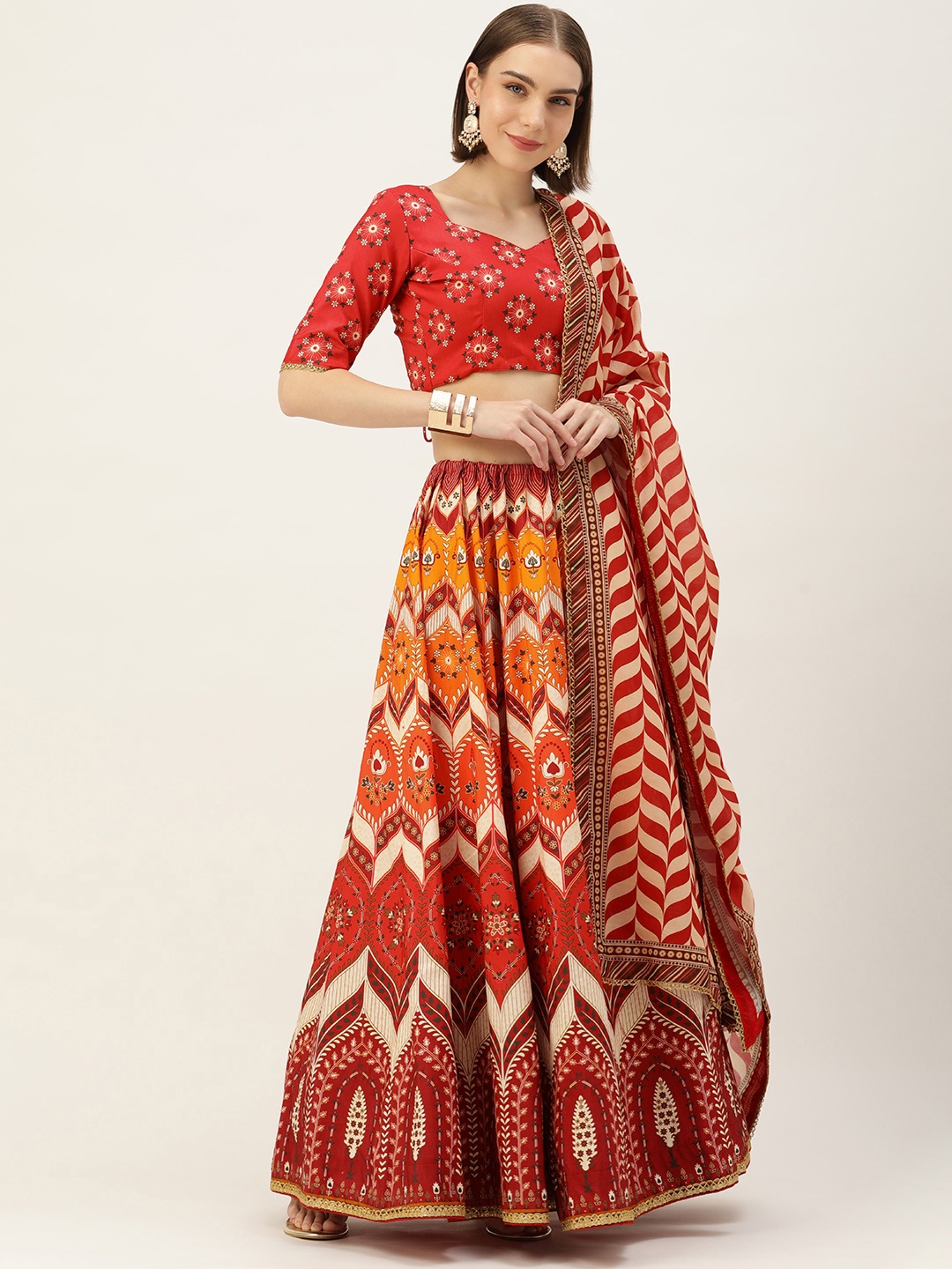 

LOOKNBOOK ART Printed Semi-Stitched Silk Lehenga & Unstitched Blouse With Dupatta, Red