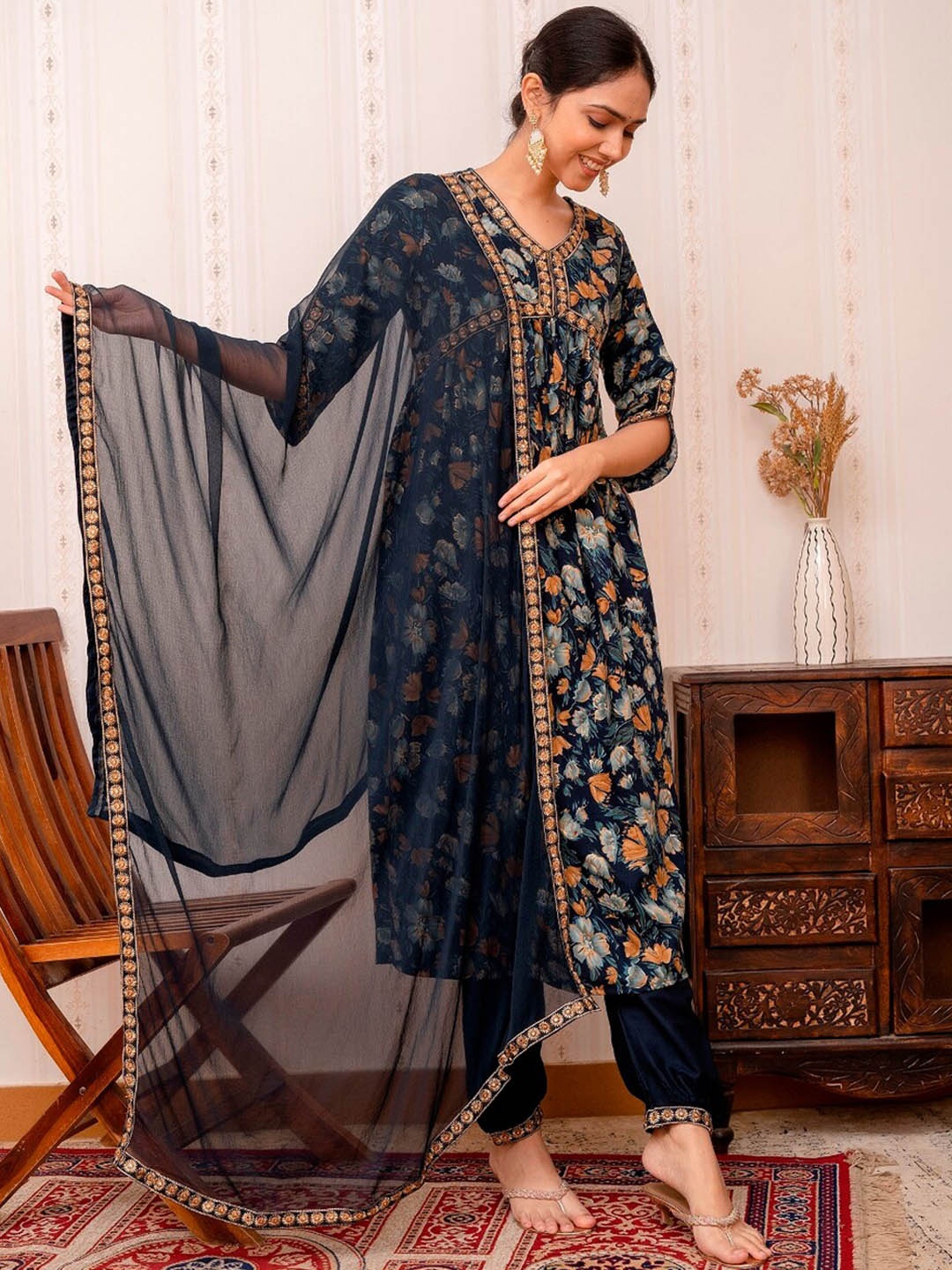 

Prakhya Floral Printed Thread Work Empire Kurta With Trousers & Dupatta, Blue
