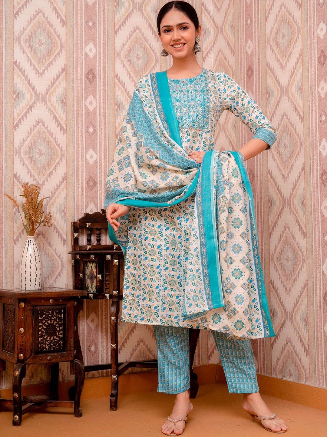 

Prakhya Floral Printed Mirror Work Pure Cotton Kurta With Trousers & Dupatta, Blue
