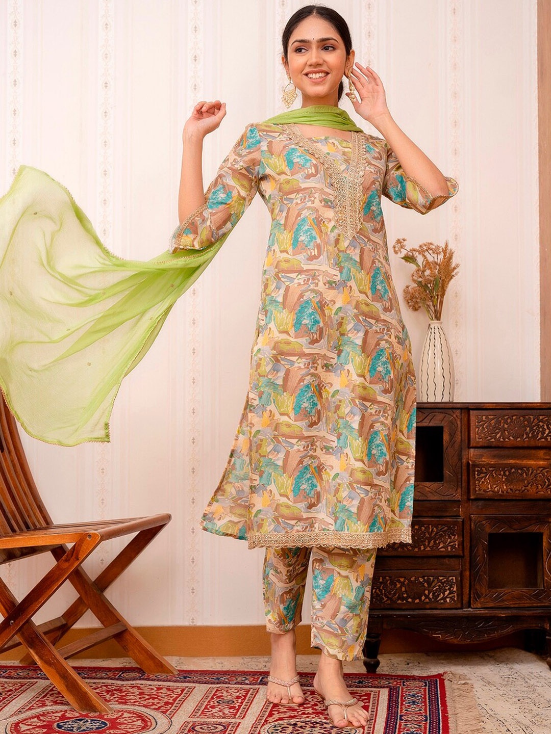 

Prakhya Abstract Printed Embroidered Pure Cotton Straight Kurta With Dupatta, Green