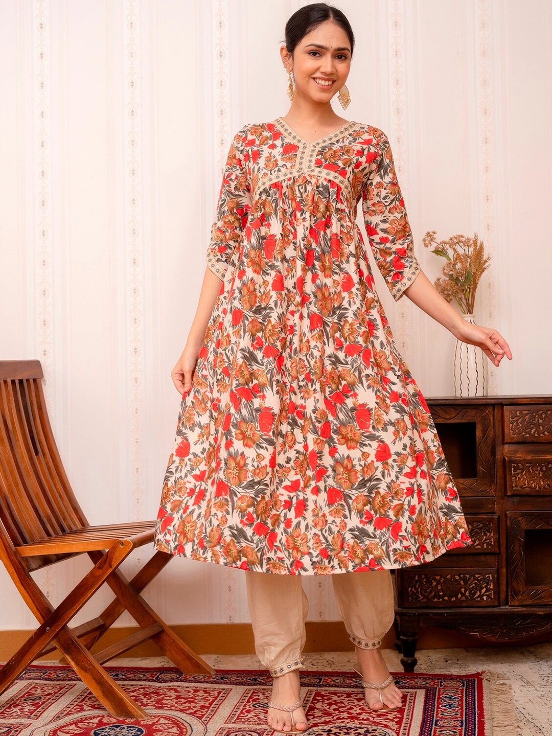 

Prakhya Floral Printed Mirror Work Detailed A-Line Kurta & Trouser With Dupatta, Cream