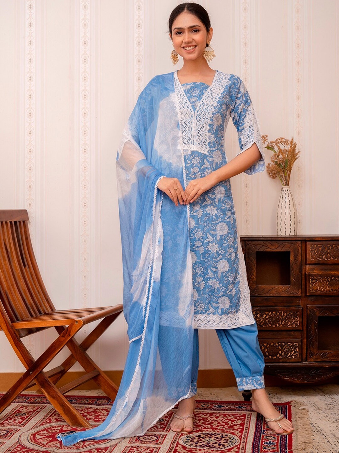 

Prakhya Floral Printed Pure Cotton Kurta With Trousers & Dupatta, Blue