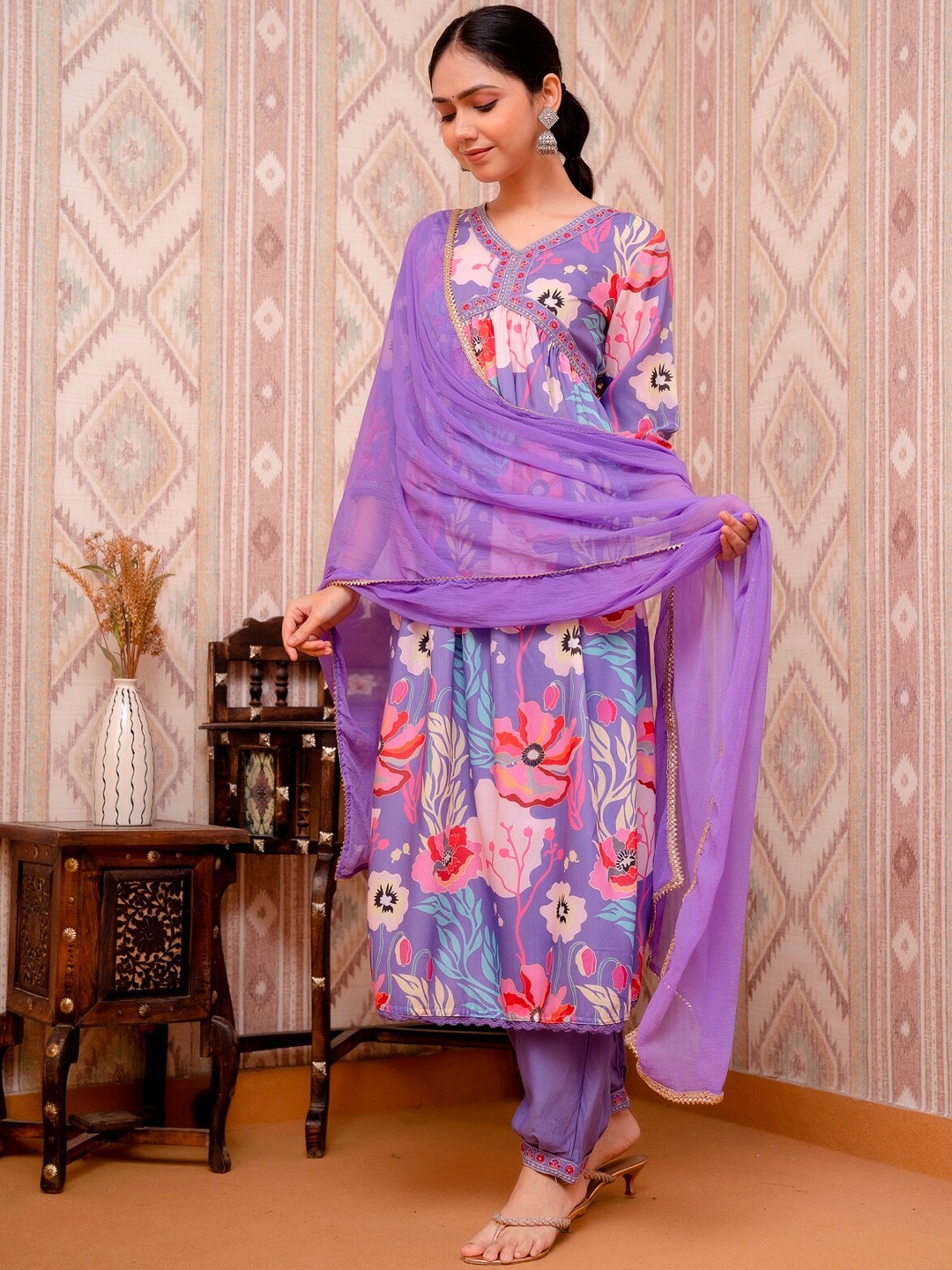 

Prakhya Floral Printed Mirror Work Pure Cotton A-Line Kurta & Salwar With Dupatta, Purple