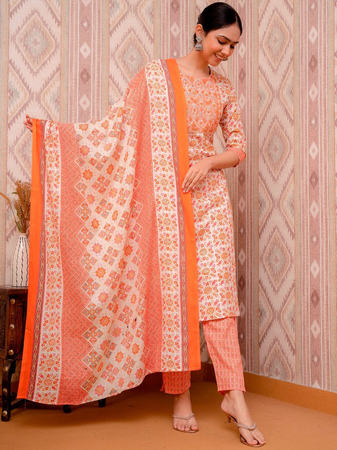 

Prakhya Ethnic Motif Printed Pure Cotton Thread Work Kurta With Trousers & Dupatta, Orange