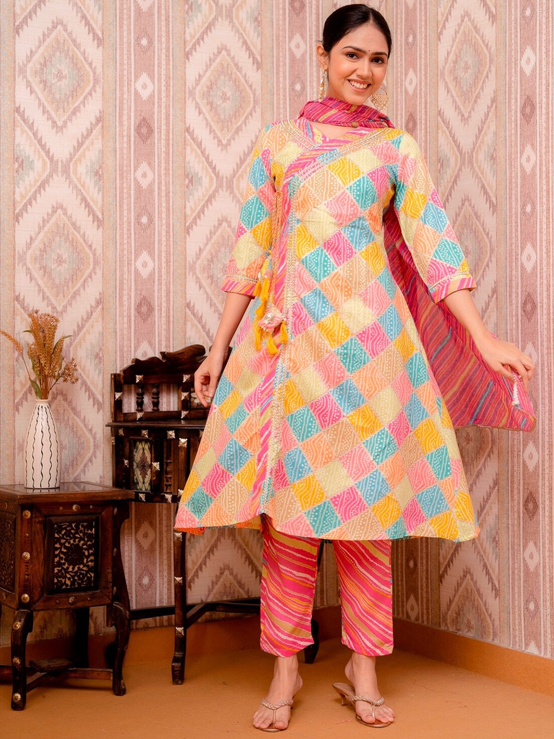 

Prakhya Bandhani Printed Angrakha Pure Cotton Kurta With Trousers & Dupatta, Yellow