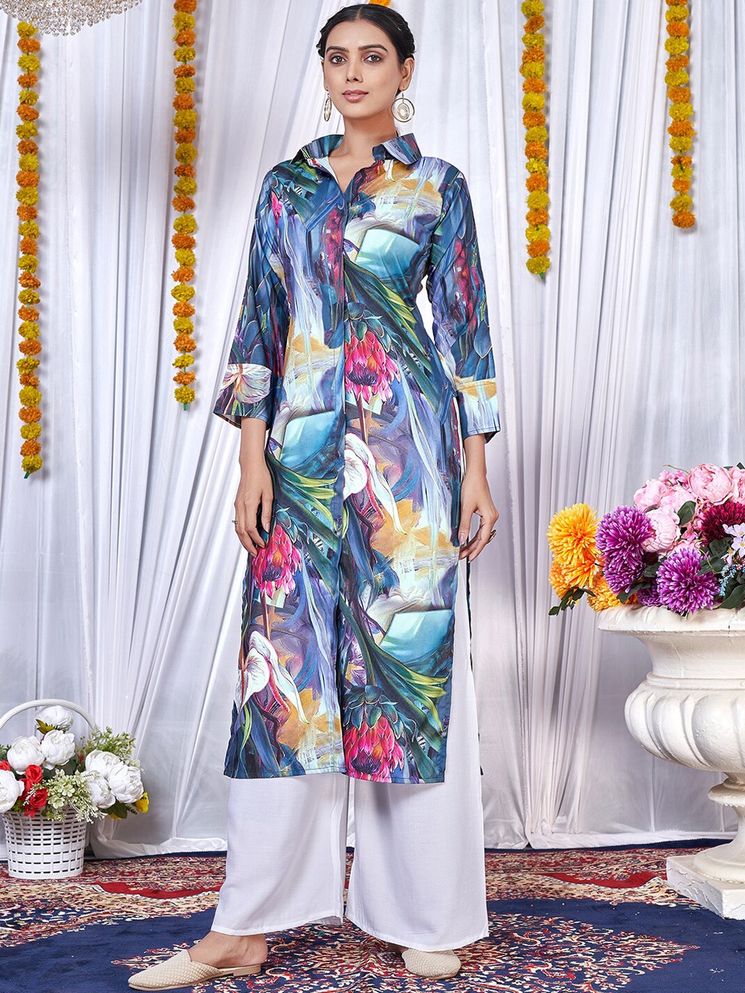 

Virah Fashion Abstract Printed Shirt Collar Straight Kurta with Palazzos, Blue
