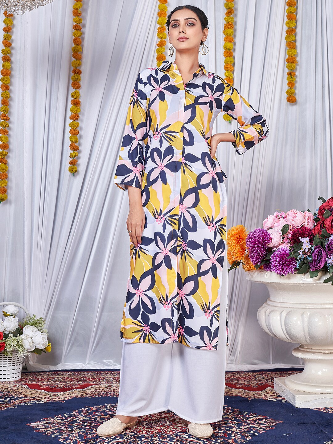 

Virah Fashion Floral Printed Shirt Collar Kurta with Palazzos, White