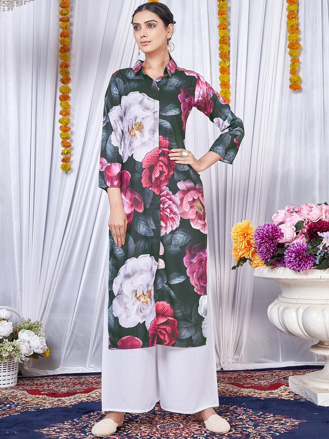 

Virah Fashion Floral Printed V-Neck Kurta with Palazzos, Pink