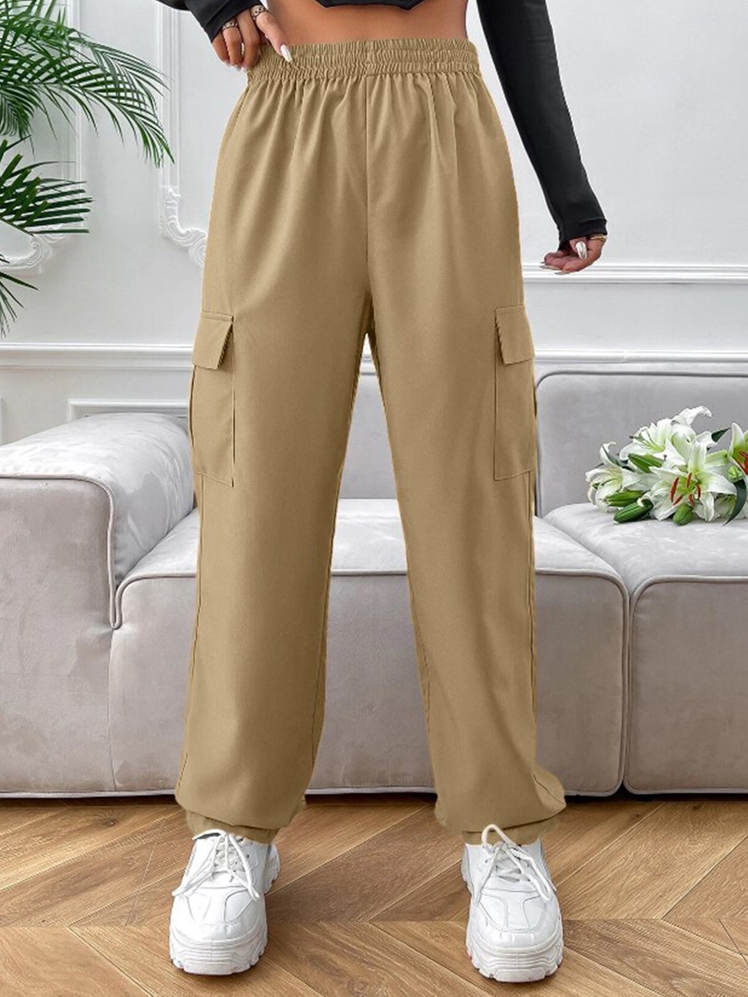 

ELYRAA Women Relaxed Loose Fit High Waist Cargo Joggers, Khaki