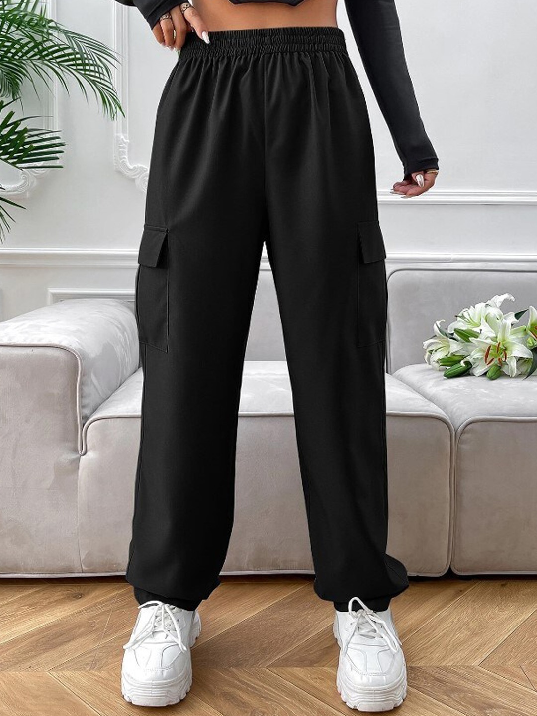 

ELYRAA Women Relaxed Loose Fit High Waist Cargo Joggers, Black