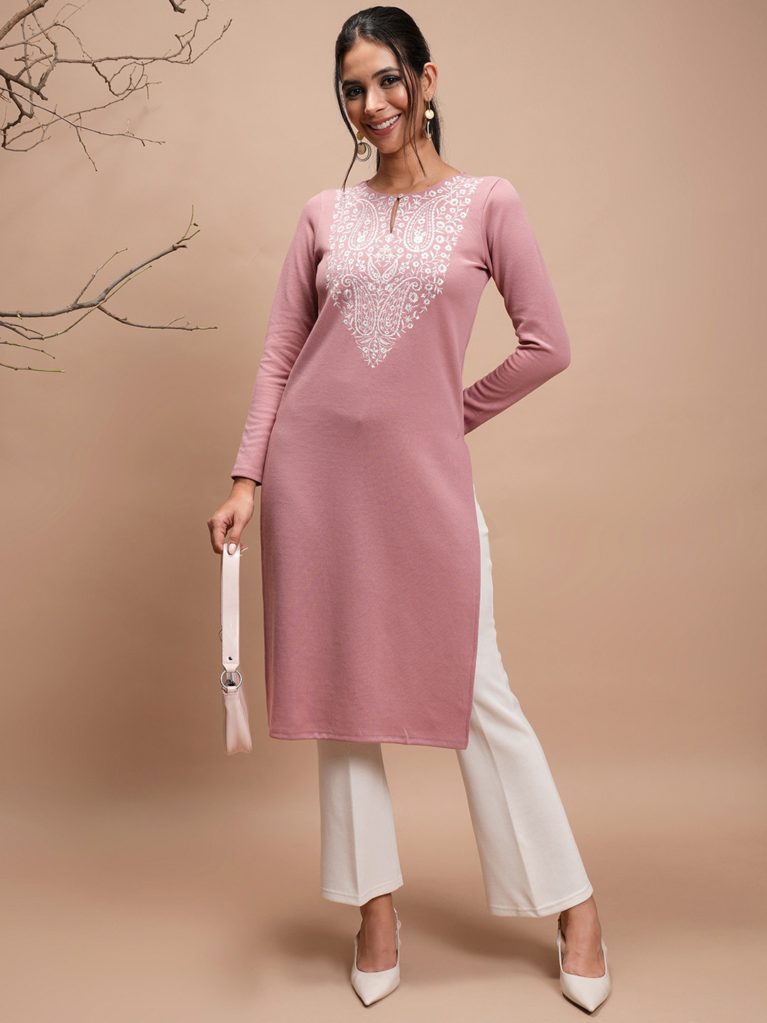 

Vishudh Rose Paisley Embroidered Keyhole Neck Winter Straight Kurta
