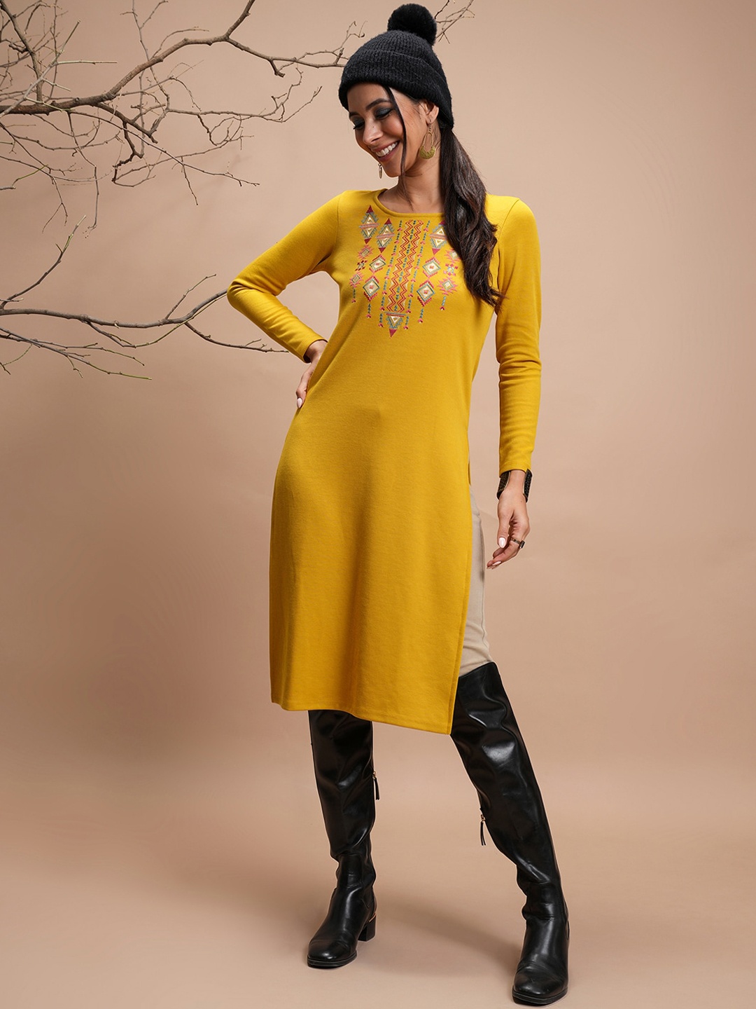 

Vishudh Mustard Yellow Ethnic Motif Embroidered Winter Straight Kurta