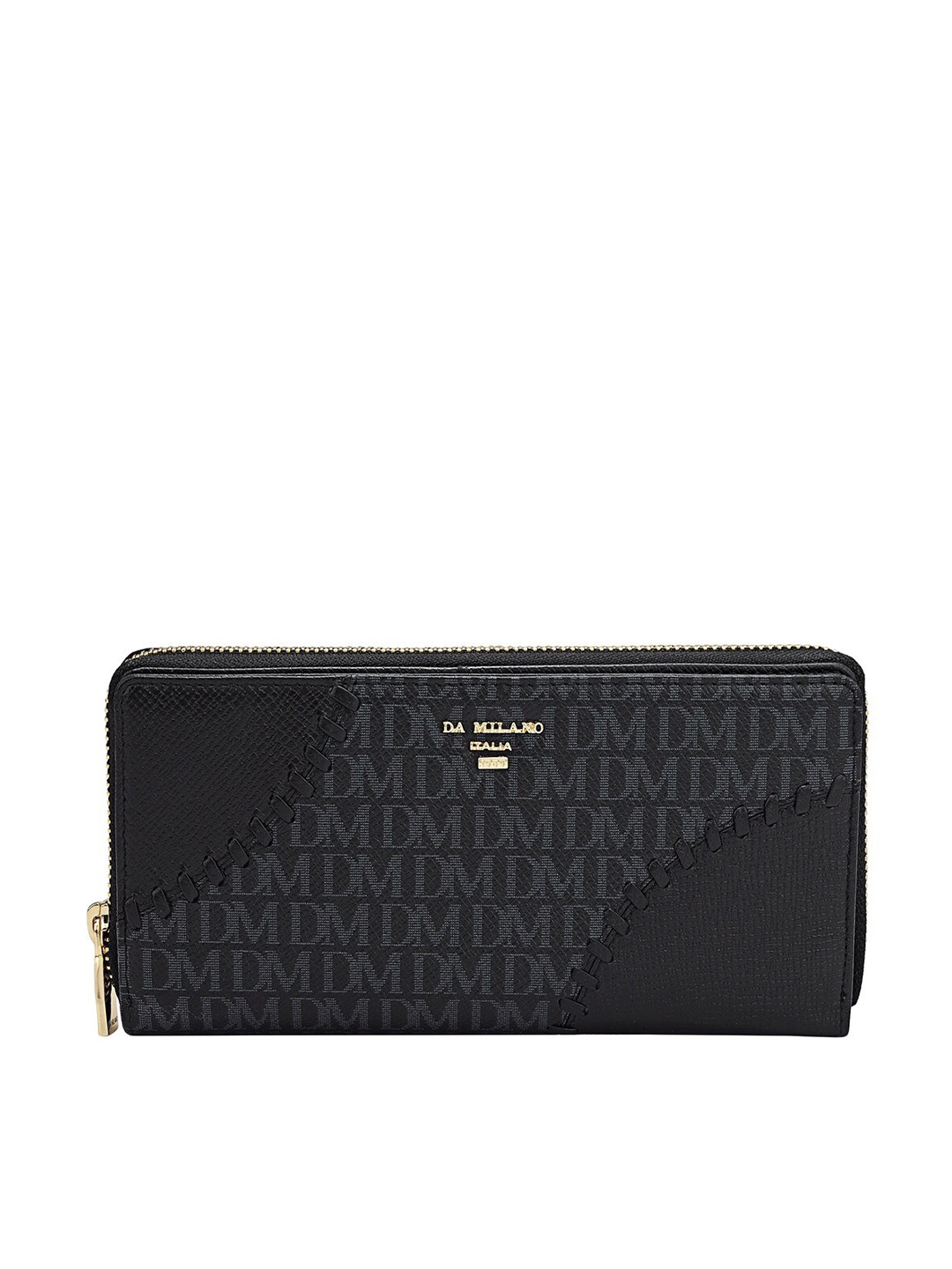 

Da Milano Women Typography Printed Leather Zip Around Wallet, Black