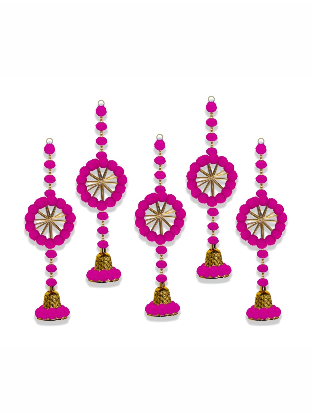 

iHandikart Pink 5 Pieces Pom Pom Beads & Gota Pati Ring Hangings