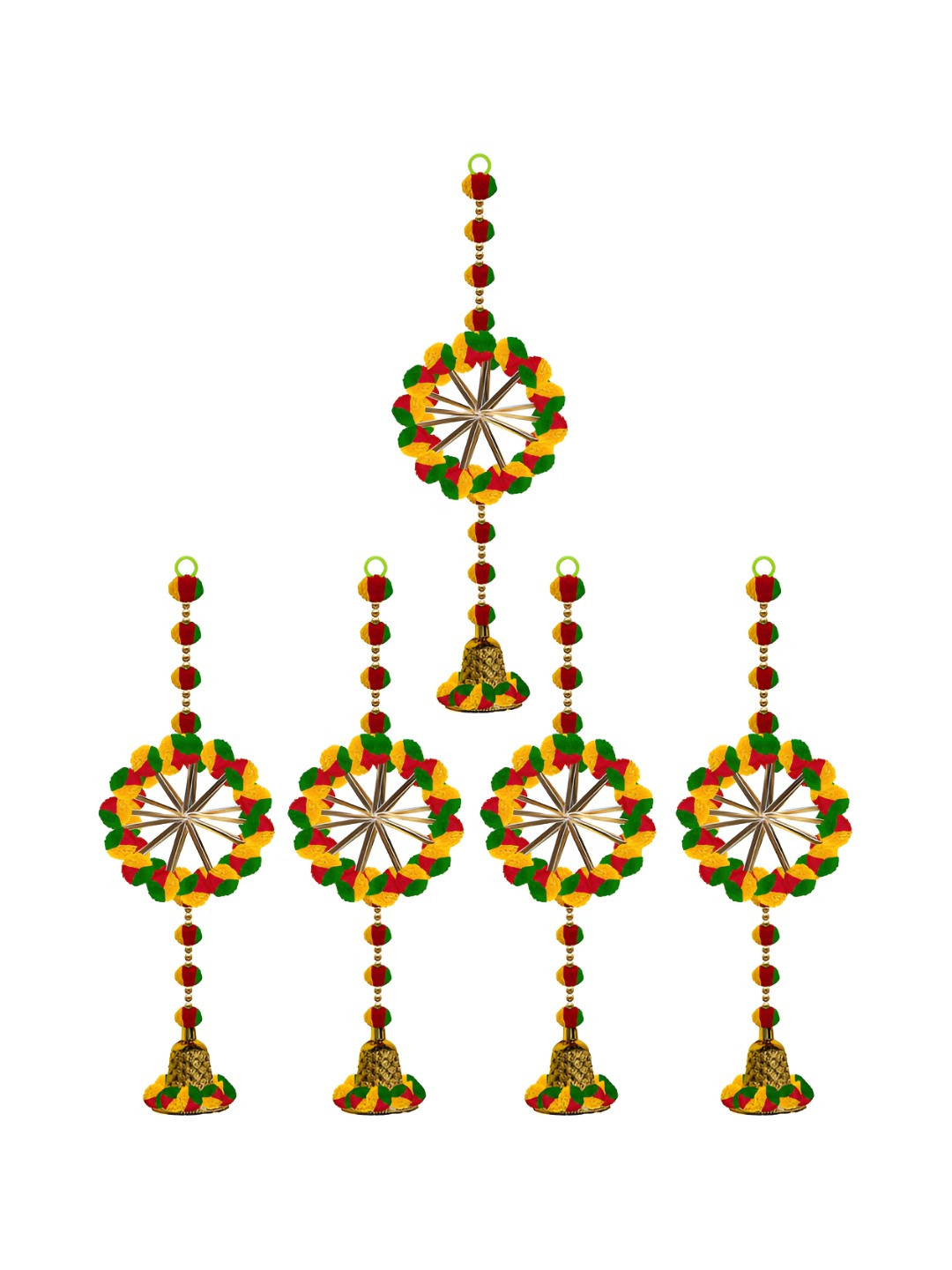 

iHandikart Yellow Green 5 Pieces Wall Hanging Pom Pom With Gota Pati Festive Decor