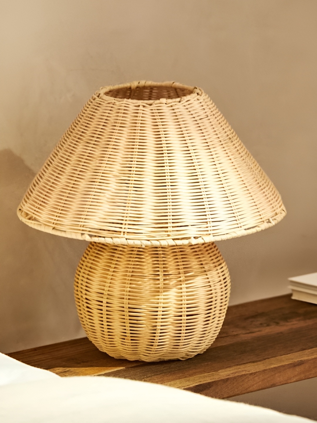 

akway Textured Beige Wooden Contemporary Frustum Shaped Table Lamp