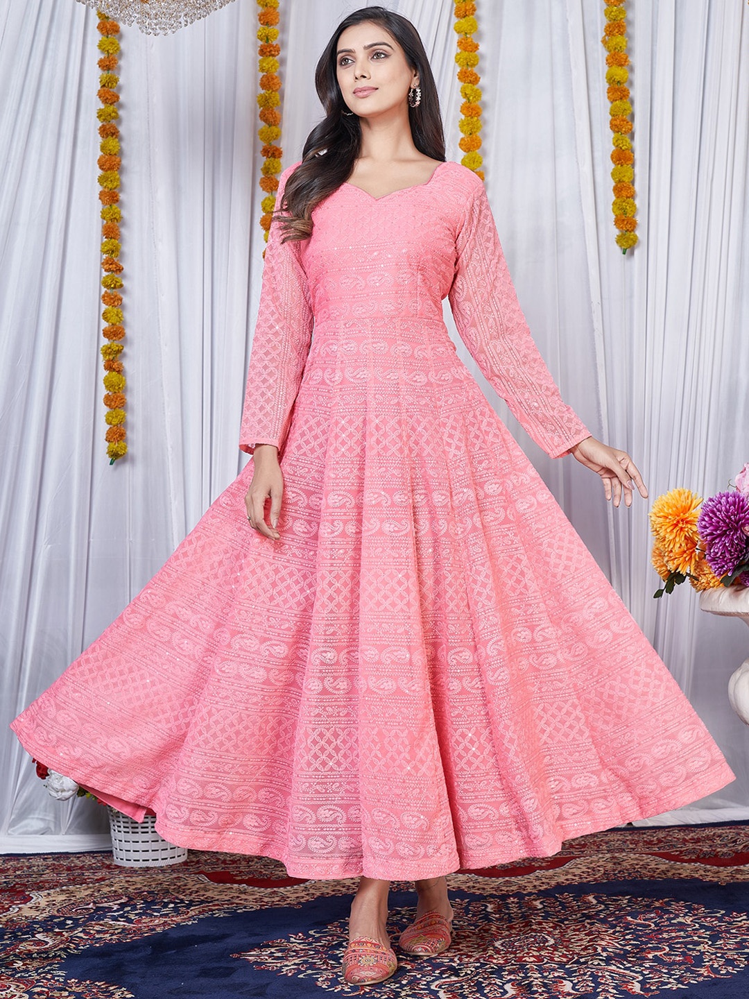 

Virah Fashion Embroidered Georgette Fit & Flared Maxi Ethnic Dress, Peach